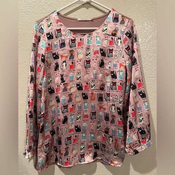 Anany Pink Cat satin Sheen Top with button 3/4 Sleeves Sz S - Picture 1 of 6